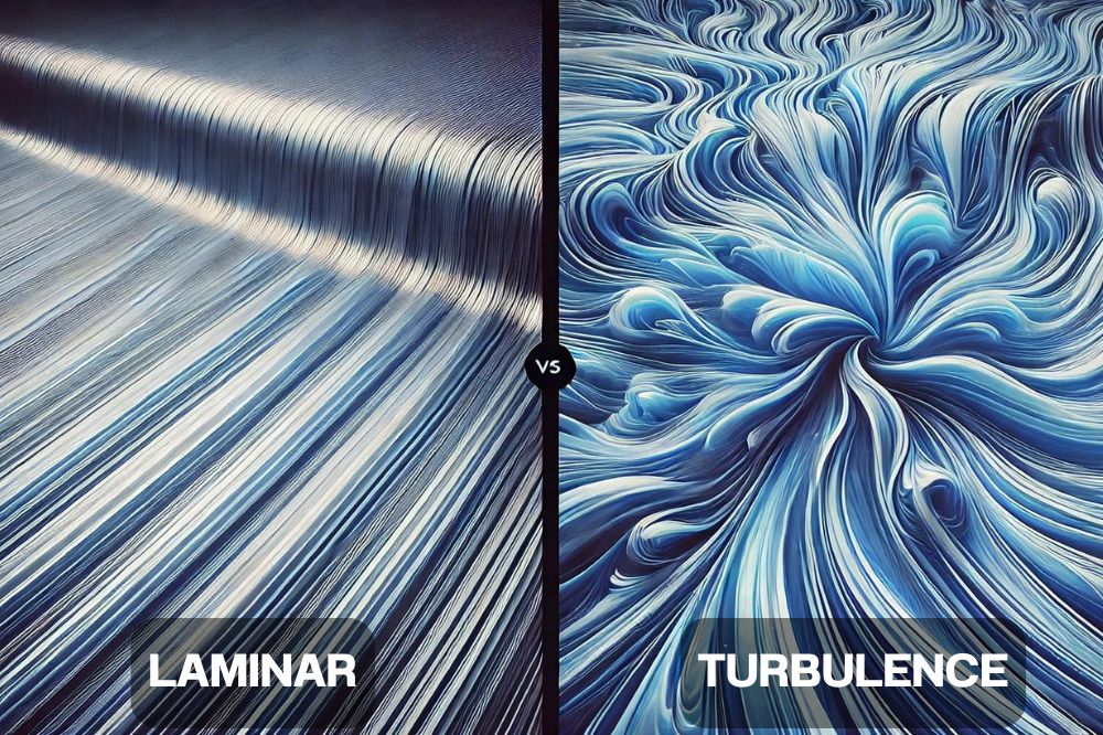 Image from a CFD Course showing two fluid flow patterns: "Laminar" on the left with smooth, parallel lines and "Turbulence" on the right with chaotic, swirling lines.