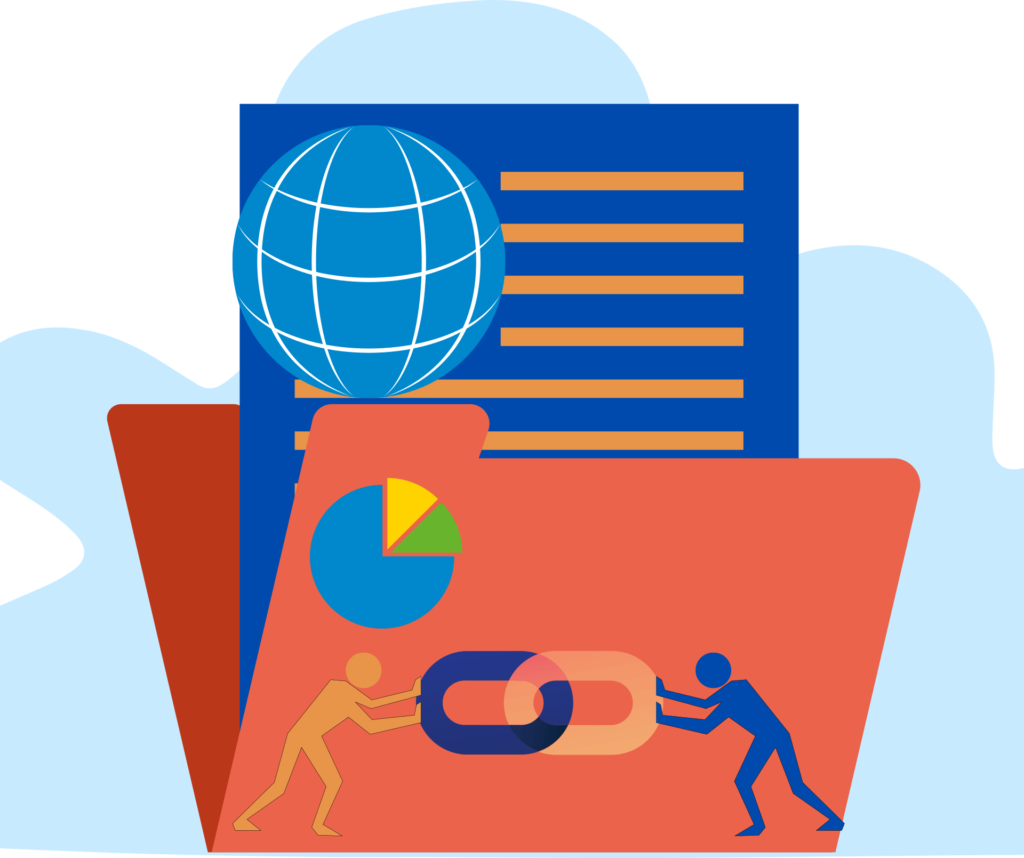 Illustration of a large file folder icon with documents, a globe, a pie chart, and two figures linking chain pieces.