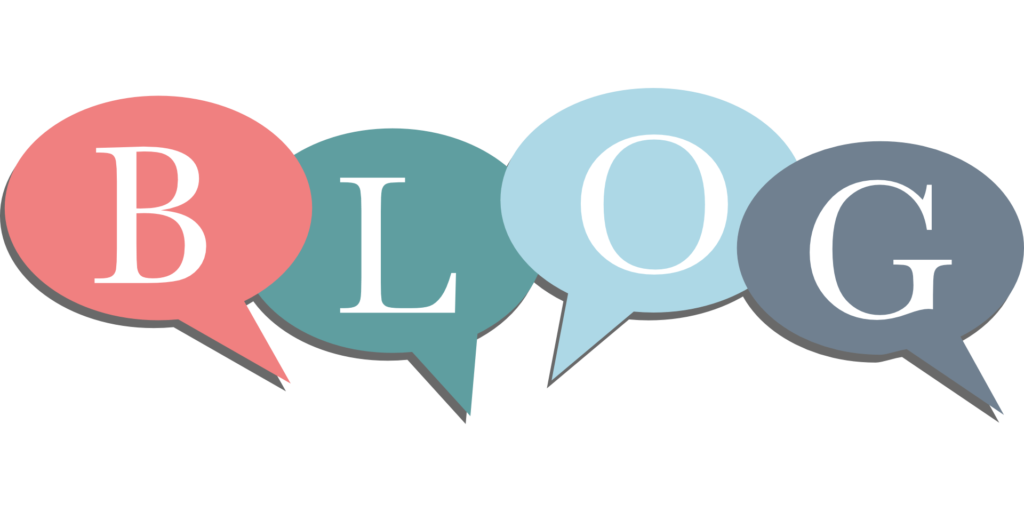 Four speech bubbles spell out "BLOG" in white letters. The bubbles are colored pink, teal, light blue, and gray from left to right.