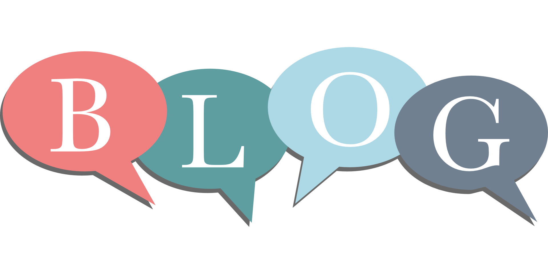 Four speech bubbles spell out "BLOG" in white letters. The bubbles are colored pink, teal, light blue, and gray from left to right.