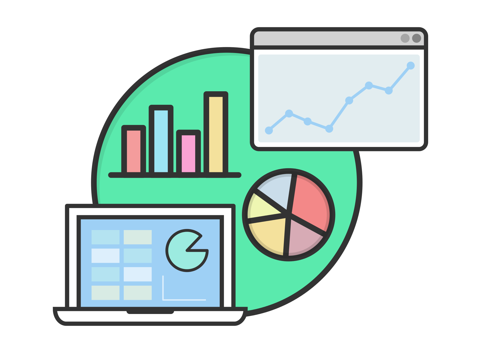 Illustration of data analysis tools, including bar graphs, a pie chart, and a line graph displayed on a laptop and a screen.