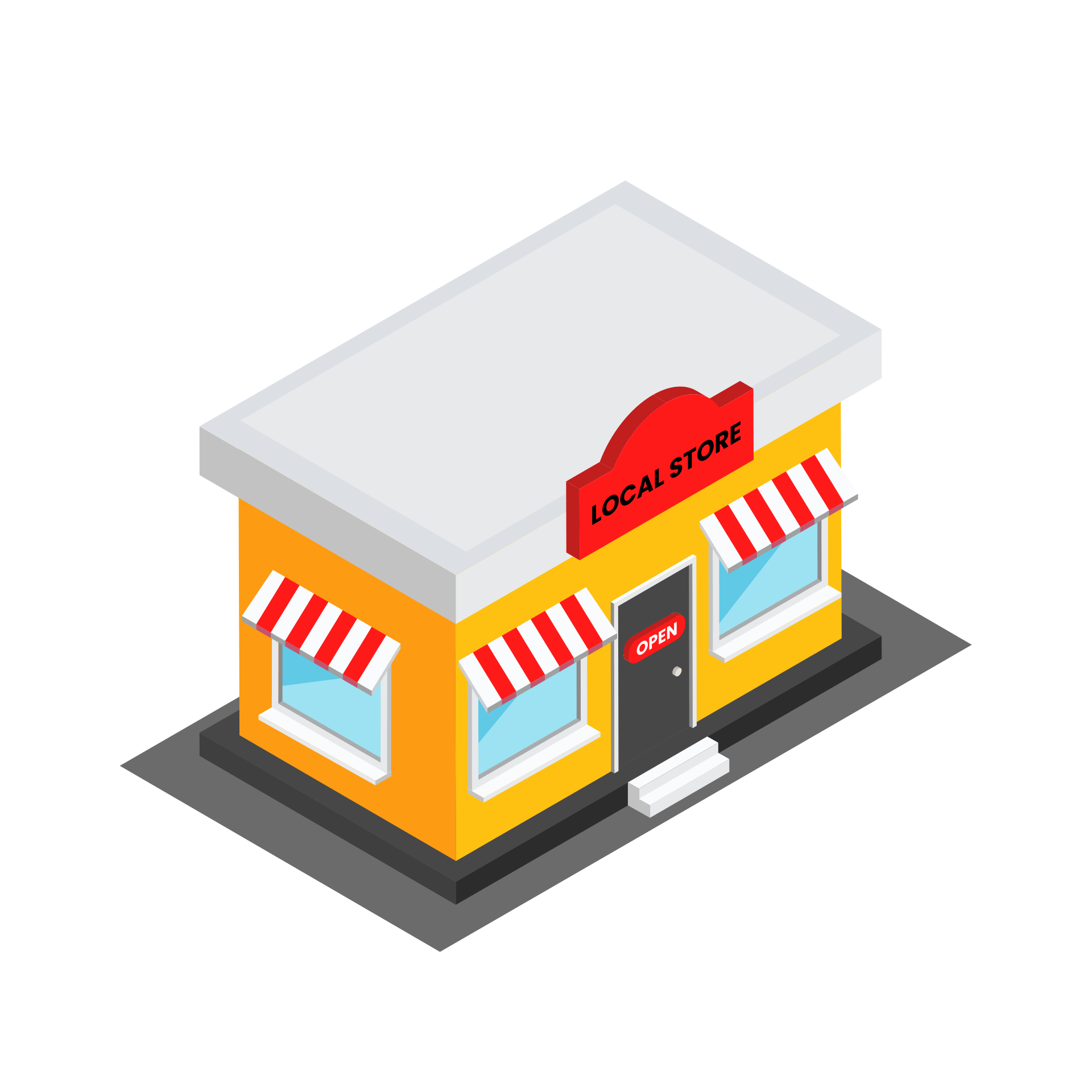 Isometric illustration of a small yellow building labeled "Local Store" with an "OPEN" sign on the door and red-and-white awnings over the windows.