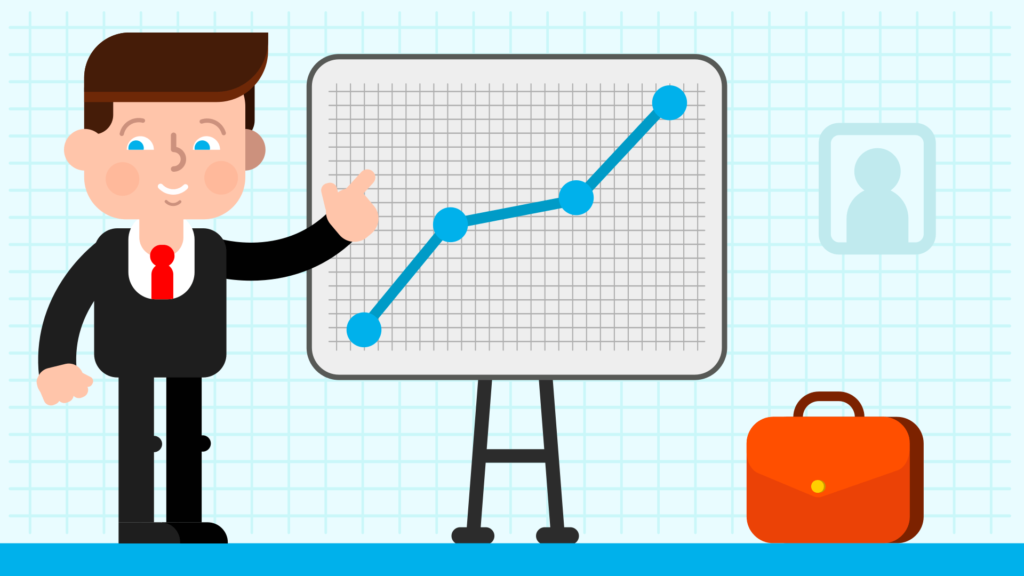 A person in a suit presents a chart with an upward trend on a whiteboard. There is a briefcase on the ground nearby.