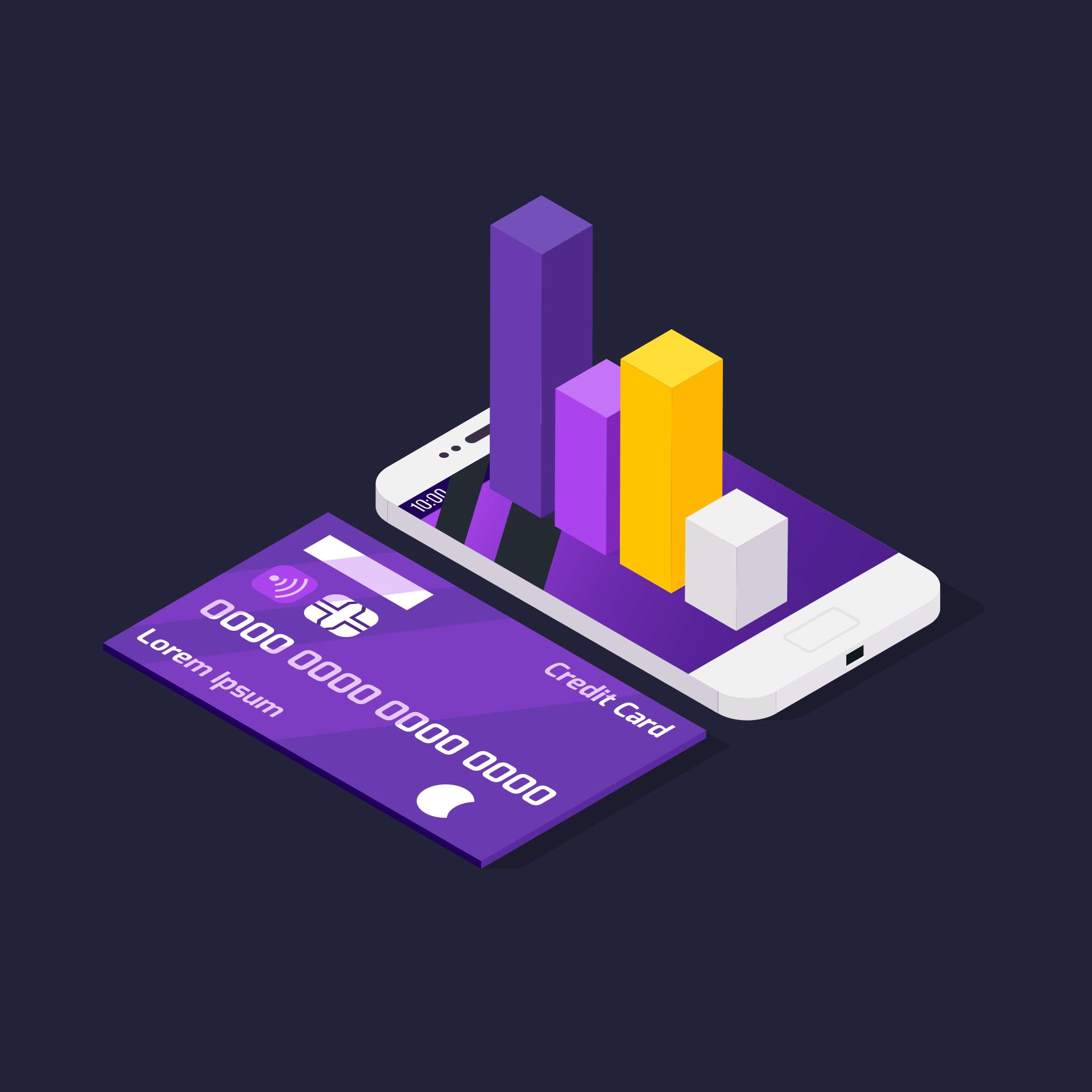 Illustration of a smartphone displaying a bar graph with a credit card beside it, symbolizing mobile banking or financial management. The credit card features generic placeholder text.