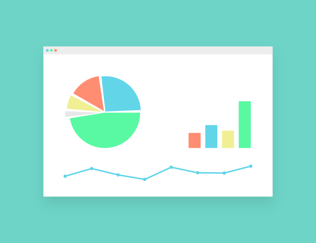 A computer screen displays a colorful pie chart, a bar graph with four bars, and a line graph with several points, all against a mint green background.