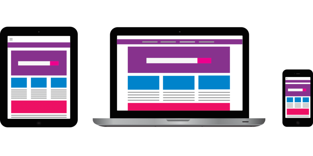 Illustration showing a responsive web design layout on a tablet, laptop, and smartphone, featuring a website with purple, pink, and blue color scheme elements.