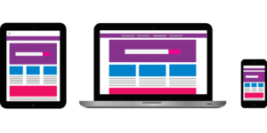 Illustration showing a responsive web design layout on a tablet, laptop, and smartphone, featuring a website with purple, pink, and blue color scheme elements.