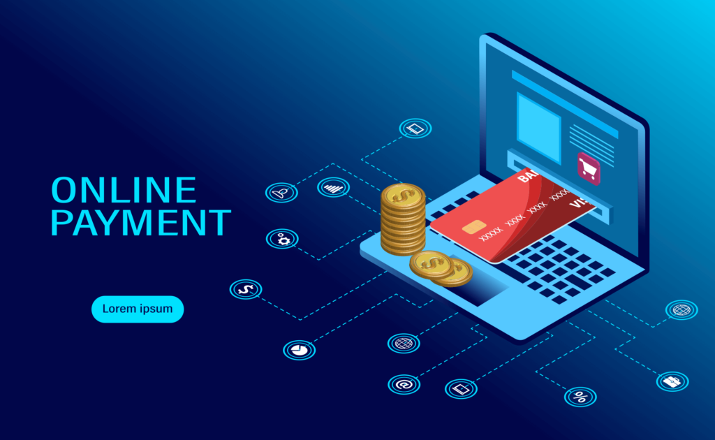 An illustration depicting online payment. A laptop screen shows a shopping cart and a red credit card being processed with a stack of coins beside it. Various icons representing digital services surround it.