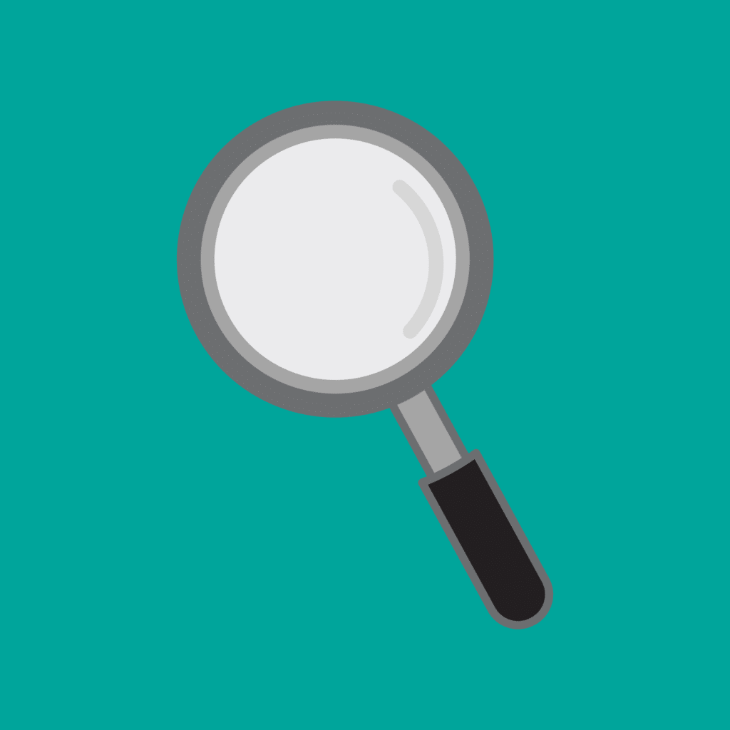 A gray magnifying glass with a black handle on a teal background.