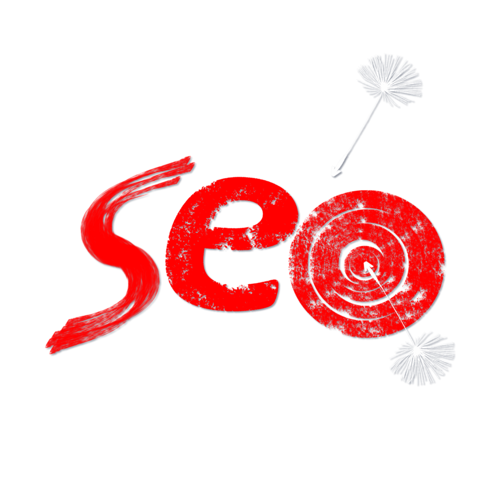 The image shows the text "SEO" in red with two white dandelion seeds, one pointing to the "S" and the other to the center of a red bullseye target forming the "O." The background is green.