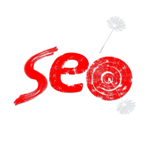 The image shows the text "SEO" in red with two white dandelion seeds, one pointing to the "S" and the other to the center of a red bullseye target forming the "O." The background is green.