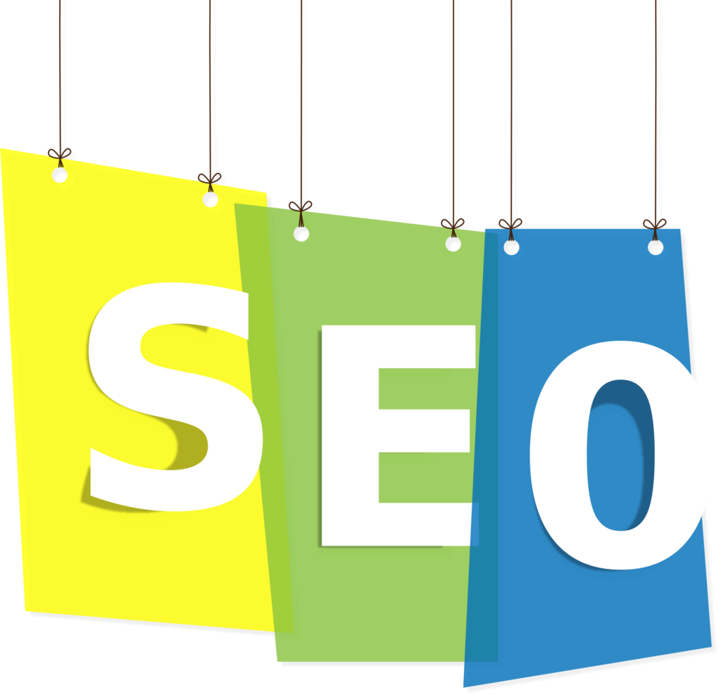 Three hanging colored panels with the letters "S," "E," and "O," representing Search Engine Optimization. The panels are yellow, green, and blue respectively.