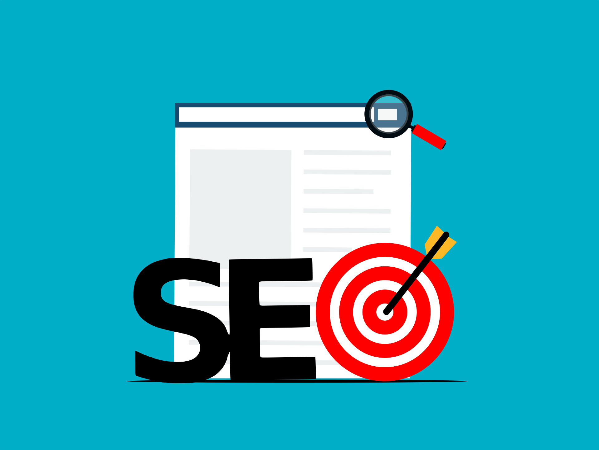 Illustration of SEO concept with a web page, magnifying glass, and target with an arrow in the center, symbolizing search engine optimization.