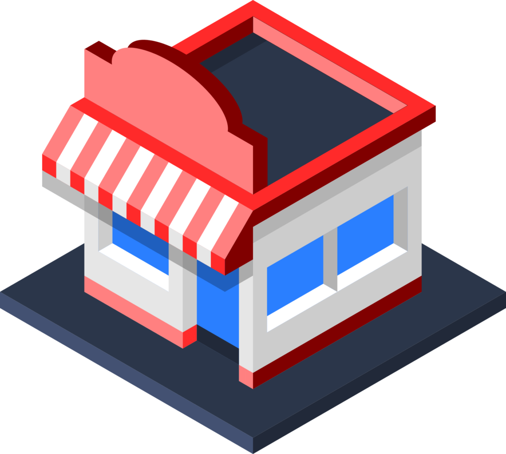 Isometric illustration of a small shop with a striped red and white awning, large blue windows, and a red roof. The shop is situated on a dark square base.