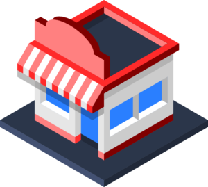 Isometric illustration of a small shop with a striped red and white awning, large blue windows, and a red roof. The shop is situated on a dark square base.