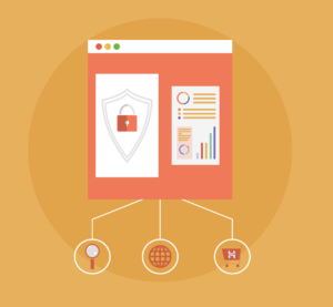 Illustration of a web browser with a padlock graphic and charts, connected to icons of a magnifying glass, globe, and shopping cart, symbolizing online security and various internet activities.