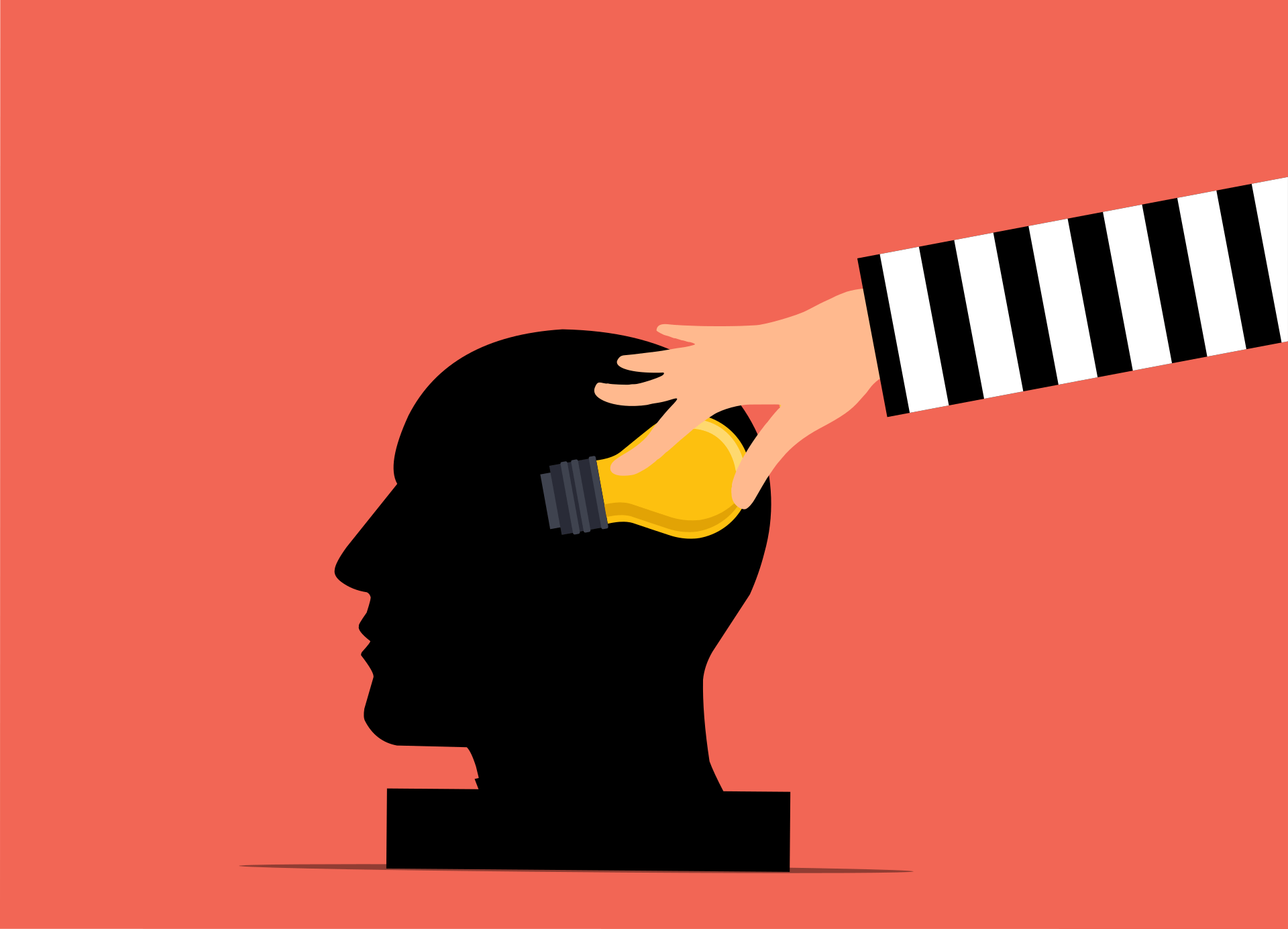 A hand in a striped sleeve inserts a lightbulb into a silhouetted head, symbolizing the concept of getting an idea, against a red background.