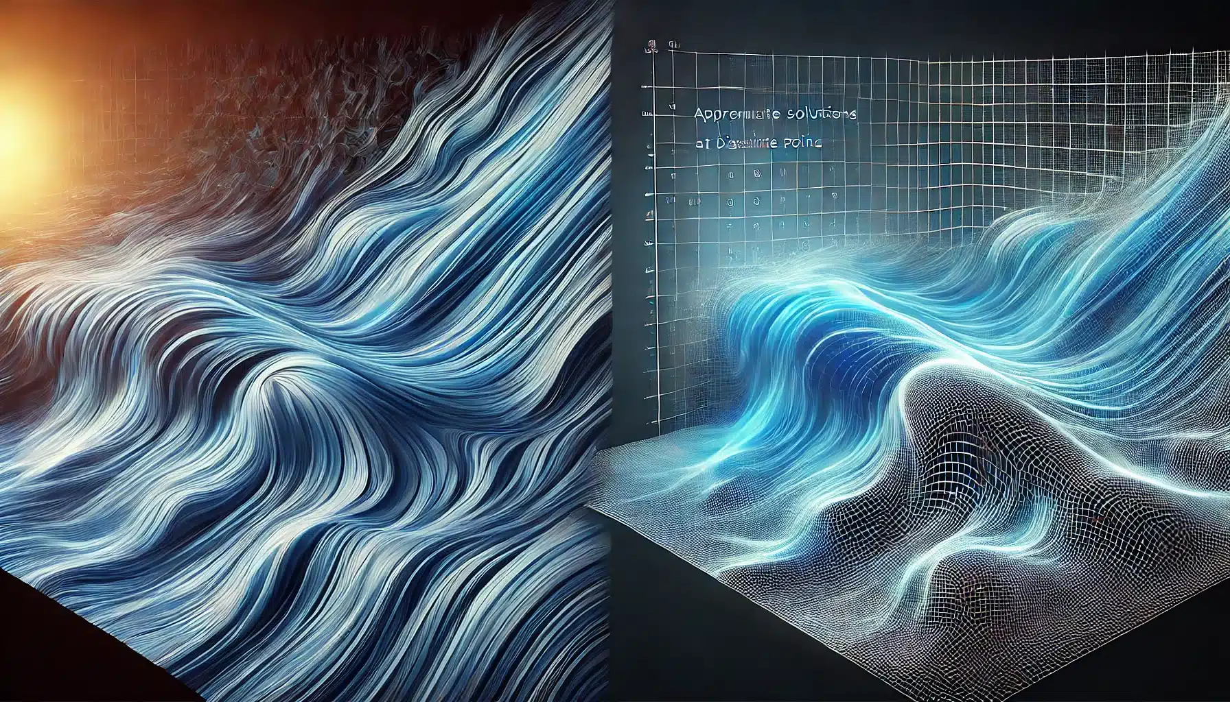 Abstract digital art. Left: Flowing waves of blue and white lines with a glowing light. Right: Similar waves with gridlines and mathematical text, illustrating discretization in CFD and computational fluid dynamics.