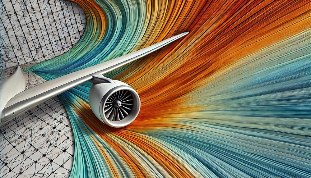 A close-up of an airplane wing and engine is shown with artistic, colorful streaks in blue, orange, and yellow, symbolizing airflow.