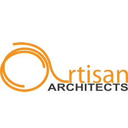 Logo of Artisan Architects, featuring an abstract orange swirl design followed by the text "Artisan" in orange and "ARCHITECTS" in black below it.