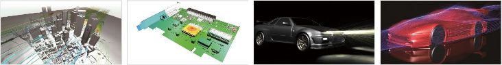 A series of four images depicting a circuit board, an electronic diagram, a car with headlights on, and a car with a digital overlay hinting at computational fluid dynamics applications.