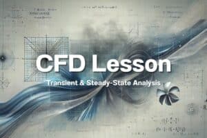 Abstract image with a background of technical drawings, grids, and fluid-flow lines, titled "CFD Introduction: Transient & Steady-State Analysis" in the foreground.