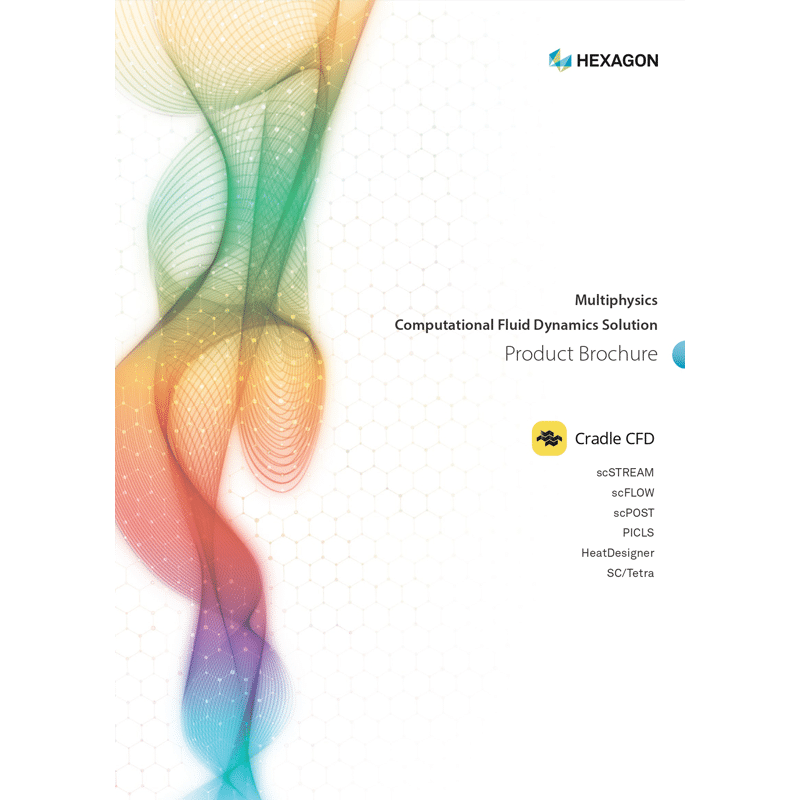 Cover of Cradle CFD product brochure by Hexagon, titled "Multiphysics Computational Fluid Dynamics Solution", featuring a colorful abstract wave design.