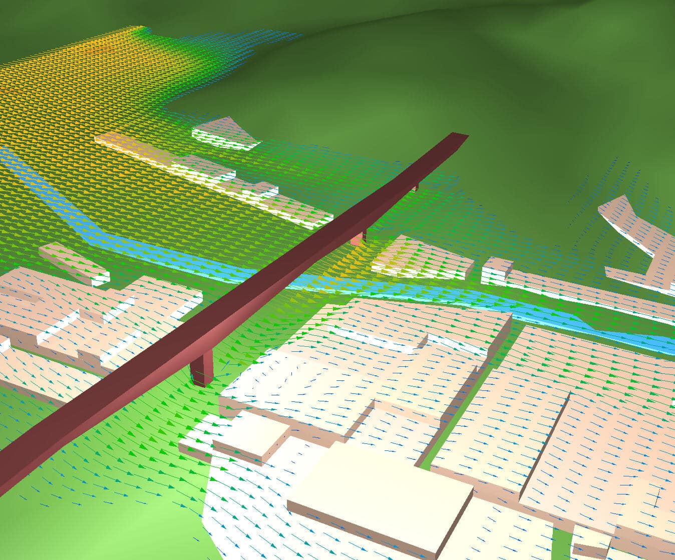 A 3D model depicts a bridge spanning over a river with surrounding buildings, terrain, and directional flow vectors indicating fluid dynamics or wind patterns, demonstrating practical CFD applications.