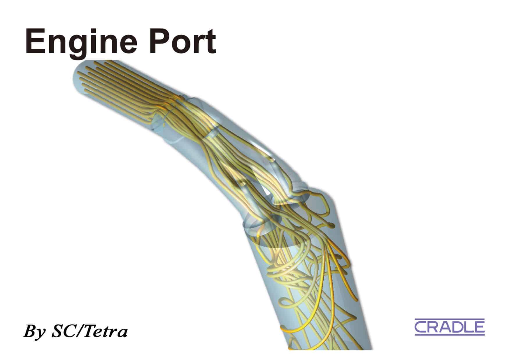 Illustration titled "Engine Port" by SC/Tetra showcasing a detailed diagram of an engine's internal structure with labeled parts, flow paths, and various CFD applications.