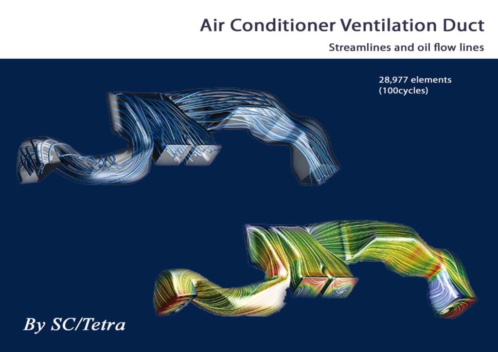 3D airflow simulation of an air conditioner ventilation duct, showcasing streamlines and oil flow lines with 28,977 elements and 100 cycles, created using SC/Tetra software—an excellent example of CFD applications.