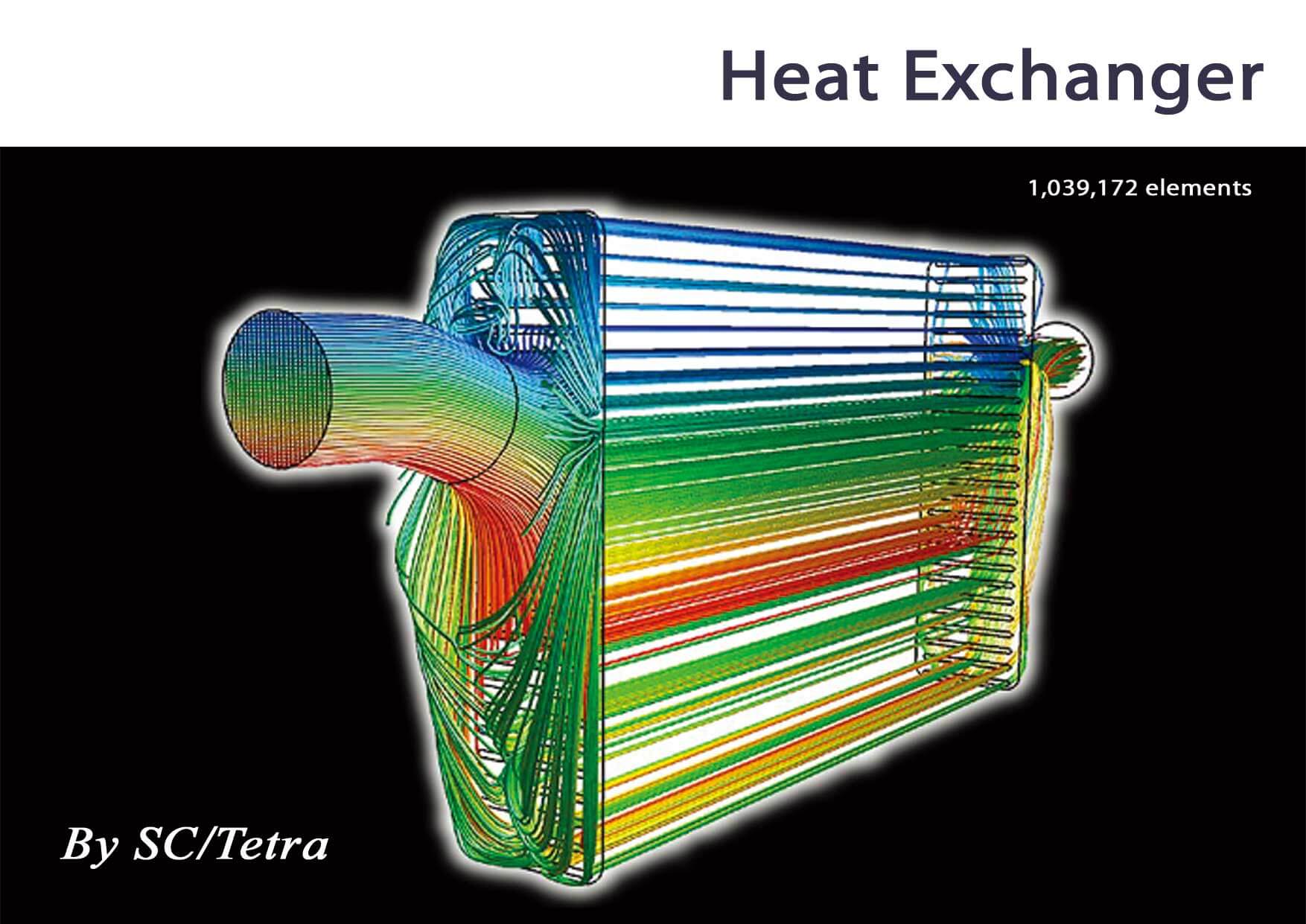 Simulation of heat exchanger with 1,039,172 elements by SC/Tetra showcases advanced CFD applications.