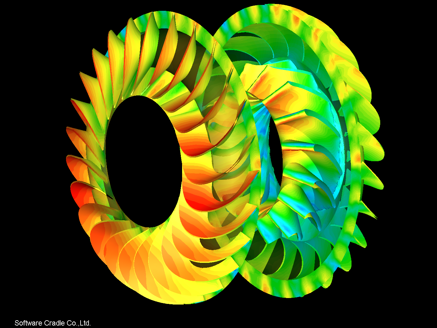 CFD applications in the analysis of turbine blades, illustrating the flow and pressure distribution across the rotating components.