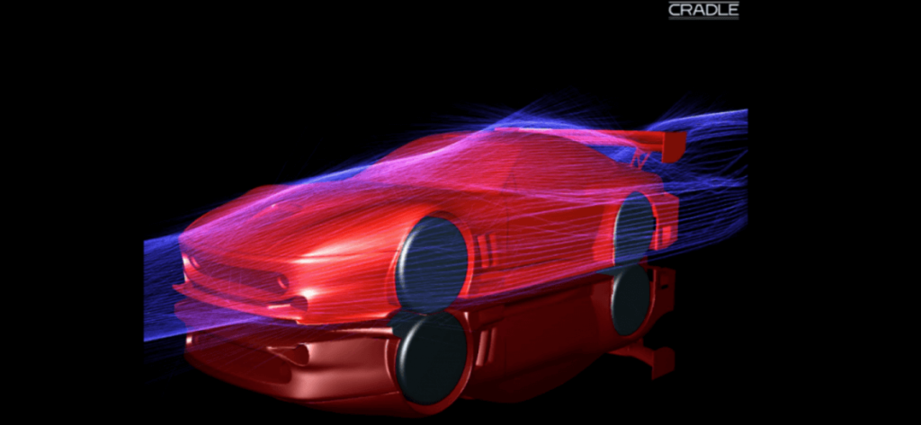 A red car model with blue airflow lines depicted around it, illustrating aerodynamic design through CFD applications.