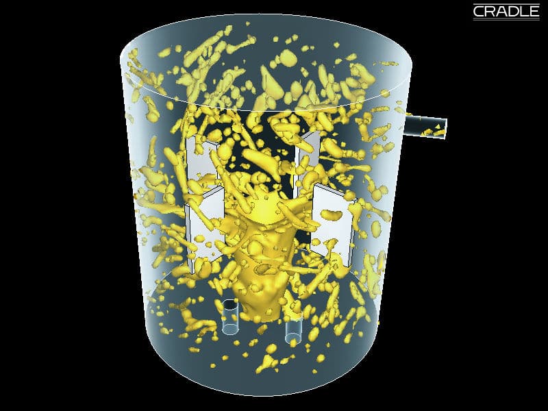 Visualization of fluid dynamics in a cylindrical container, showcasing yellow particles dispersed within the fluid, with internal structures and a spout on the side. This model highlights CFD applications for analyzing flow behavior and particle distribution.