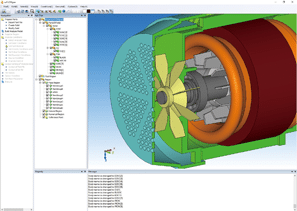 Screenshot of a 3D CAD software using scFLOW showing a detailed cross-sectional view of a mechanical device, likely a fan or turbine assembly, with various components highlighted and a list of parts on the left side.