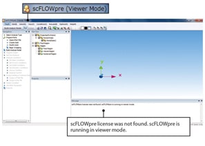 Screenshot of scFLOW software interface showing an error message stating, "scFLOWpre license was not found. scFLOWpre is running in viewer mode." Various menus and a 3D coordinate system are visible.