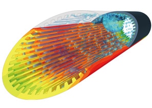 Illustration of a streamlined object with overlaid thermal and structural analysis, generated using scFLOW, showing temperature gradients and internal structures in varying colors from blue to red.