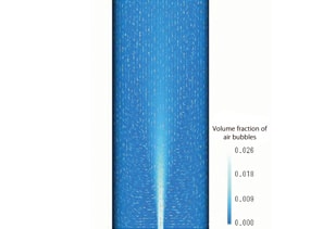 A vertical bar chart generated by scFLOW shows the volume fraction of air bubbles. The scale ranges from 0.000 to 0.026, with areas of varying blue shades indicating different concentrations of air bubbles.