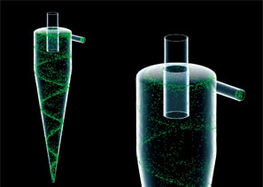 Two transparent glass vortex tubes containing green particles are showcased against a dark background, offering a detailed close-up and full-length view. The image provides an intricate visualization, one that scFLOW could meticulously simulate in fluid dynamics studies.