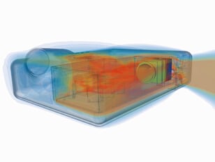 A thermal simulation showing the heat distribution within an electronic device, utilizing CFD applications to highlight varying temperature regions using a color gradient from blue (cooler) to red (warmer).