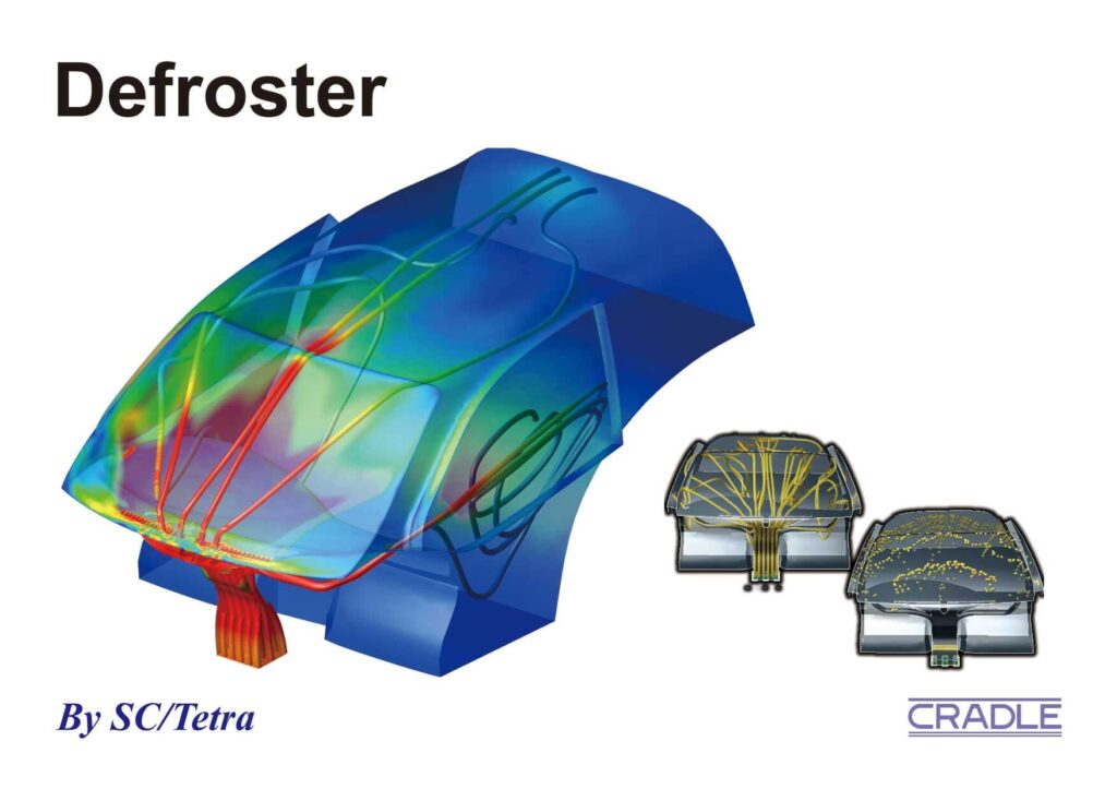 A technical illustration of an automotive defroster system, featuring airflow and heat distribution patterns analyzed by SC/Tetra software. The image highlights CFD applications and includes a CRADLE logo.