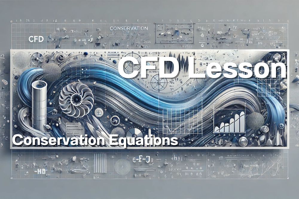 Image depicting a CFD (Computational Fluid Dynamics) lesson on conservation equations with complex diagrams, a turbine, fluid flow illustration, and mathematical equations in the background.