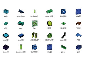 A grid of various electronic component icons, each labeled with names like "audio," "case," "fan," "LENS," "PCB," and "power." The simple, minimalistic representations include scSTREAM, seamlessly blending into the array.