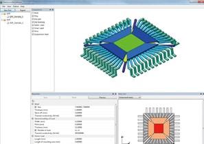 A software interface, utilizing scSTREAM, displays a 3D model of a microchip and its thermal analysis results, including temperature details and component view, spread across two main sections on the screen.