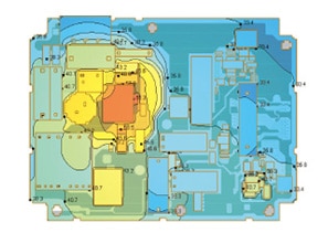 A thermal map generated by scSTREAM displays heat distribution in an electronic circuit, showing varying temperatures with colors from blue (cool) to red (hot).