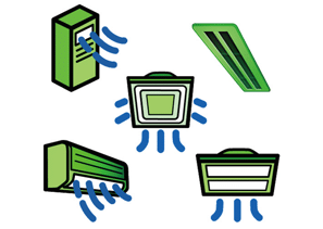 Illustration of various air conditioning units and controls, with blue lines symbolizing airflow, enhanced by scSTREAM simulation.