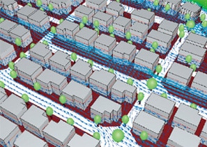 The scSTREAM simulation showcases city buildings with airflow patterns depicted in blue lines and green trees scattered throughout the streets.