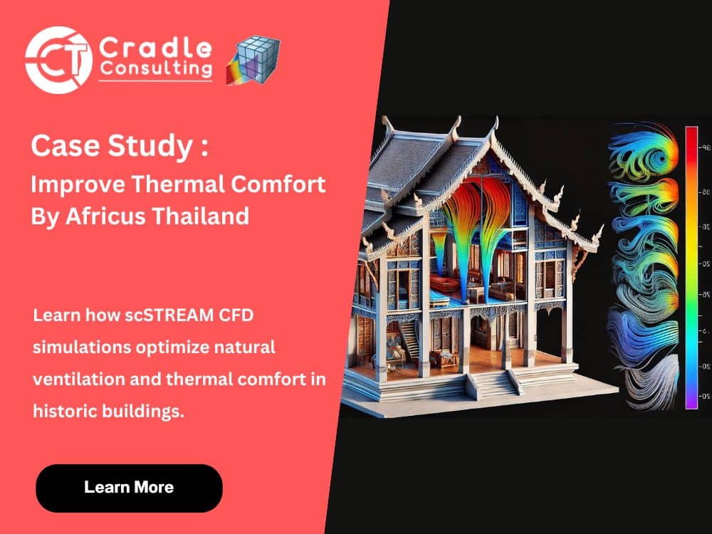 Promotional image for a case study on improving thermal comfort using CFD simulations in historic buildings by Cradle Consulting and Africus Thailand. The image includes a thermal simulation of a building.