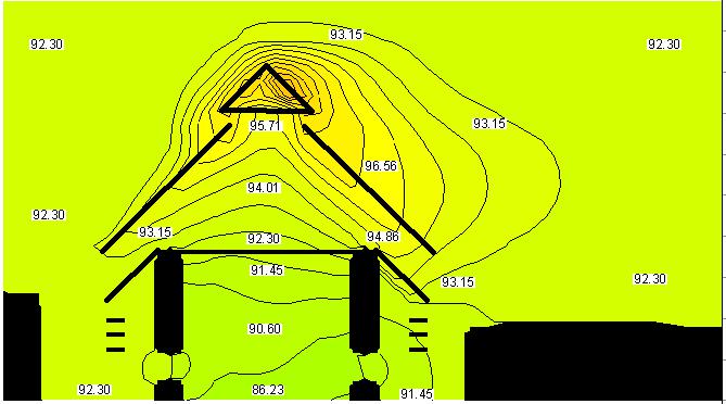 Topographic map view of a terrain with contour lines indicating elevations ranging from 85.23 to 96.56. Structures and elevations are marked with black lines and numbers respectively.