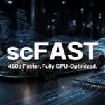 A digital illustration of a sports car with circuit patterns and GPU elements, overlaid with the text “scFAST 450x Faster. Fully GPU-Optimized.” Powered by Cradle CFD 2024.2 for enhanced simulation performance.